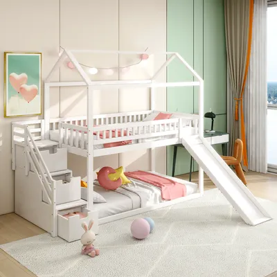 Produktbild von Merax Etagenbett 90x200cm, Kinderbett mit Rutsche, Hochbett mit Treppe, Jugendbett Massivholzbett Stockbett mit Lattenrost und Rausfallschutz, Weiß