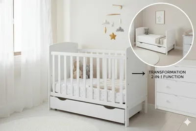 Produktbild von Babybett und Kinderbett 3in1 mit Matratze, Schublade, Zahnschienen, 2 herausnehmbare Sprossen Holz und höhenverstellbar Weiß, umbaubar zum Juniorbett