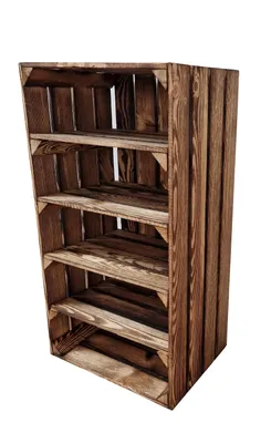 A wooden crate shelf unit with four shelves, displayed against a white background.