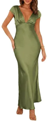 Produktbild von Halfisland Damen-Sommer-Maxikleid aus Satin, V-Ausschnitt, Flügelärmel, rückenfr
