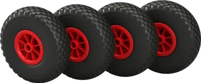 Immagine prodotto di 4 x Ruota in poliuretano Ø 260 mm 3.00-4 cuscinetto a strisciamento ruota del rimorchio volante per carrello manuale a prova di foratura, nero/rosso