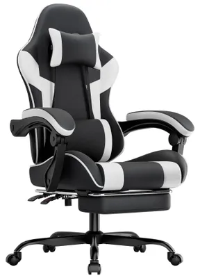 Obrázok produktu pre Herná stolička, ergonomický dizajn, bedrová opierka, umelá koža (PU), pohodlná, nosnosť 200 kg, nastaviteľná výška sedadla a operadla – čierna a biela