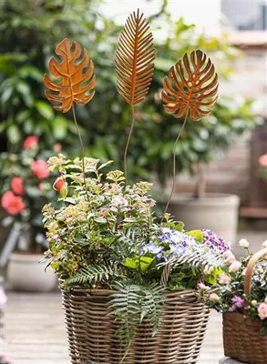 Image de 3x fiches de jardin "Feuilles" en métal avec rouille véritable, 95 - 102 cm de haut, fiche décorative, fiche rouille, fiche métallique, décoration de jardin pour l'extérieur