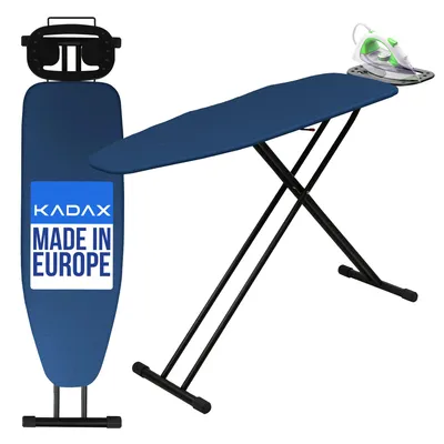 A blue ironing board with a green iron on top, set against a white background.