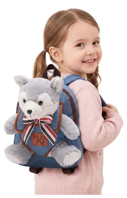 Produktbild von Kinderrucksack für 3-6 Jahre - Jeans Blau mit Wolf - Leichter Kindergartenrucksack - Jeansrucksack mit Abnehmbarem Kuscheltier