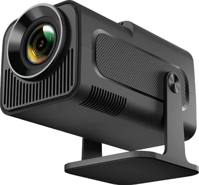 A black projector on a white background, shown from a low angle.