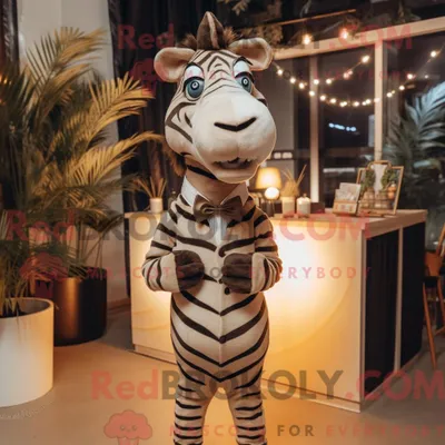 Produktbild von Maskottchenfigur REDBROKOLY eines beigen Zebras mit Body und Fliege