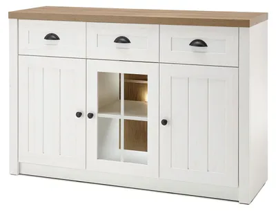 Immagine prodotto di Credenza laterale Landhaus, stile Provenza, per soggiorno, dimensioni 130x43x86 cm, legno di pino, finitura bianca, elementi in legno di quercia chiaro