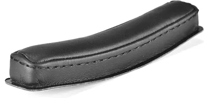 A black leather headphone headband cushion on a white background.