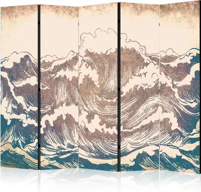 Produktbild von 5-teiliger Doppelseitiger Vlies Paravent - Turbulent Ocean - High Waves in Brown And Navy Colors on a Beige Background in Vintage Style 225x172 cm Landschaften c-C-10115-z-b