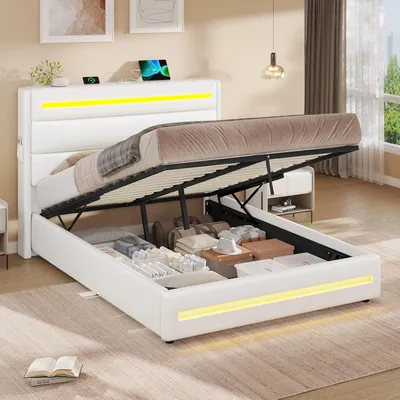 Produktbild von KIMENICH Polsterbett Doppelbett 140X200cm, Hydraulisches Bett mit Stauraum und Lattenrost, PolyurethanWeiß