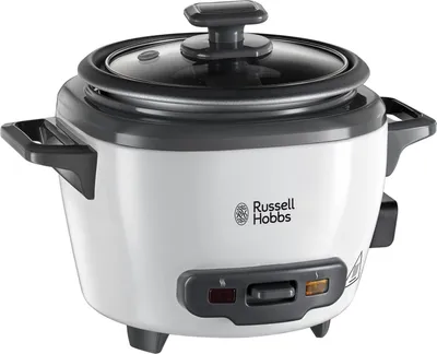 A front-facing studio shot of a white Russell Hobbs rice cooker.