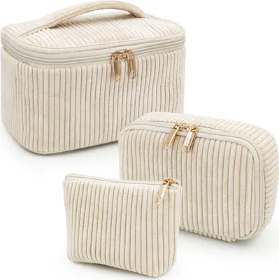 Produktbild von STILVORA Schminkkoffer, Damen Kosmetiktaschen Set 3-teilig, gestreiftes Design, praktische Make-up Taschen, leicht & geräumig, ideal für Reisen, Alltag & Ordnung, Beige