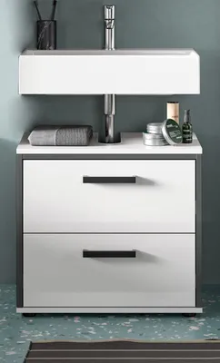 Produktbild von Waschbeckenunterschrank "Telly" in weiß Hochglanz und grau Badezimmer Unterschrank 60 cm