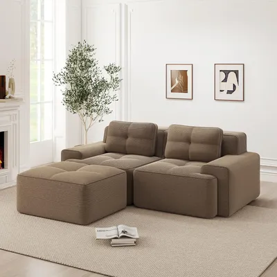 Produktbild von Boneless Modulsofa, L-förmiges Modulsofa für Wohnzimmer mit Tiefem Sitz, Corduroy-Cloud-Sofa mit Ottoman, Getuftetes Zweisitzer-Schlafsofa, braun