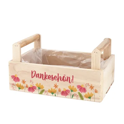 Produktbild von Geschenkbox aus Holz zum selbst Befüllen - mit Blumenmotiv und Aufschrift "Dankeschön"