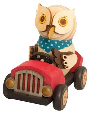 Produktbild von Drechslerei Kuhnert - Mini-Eulen aus Holz - im roten Flitzer - ca. 8 cm - als Dekoration oder Geschenk geeignet
