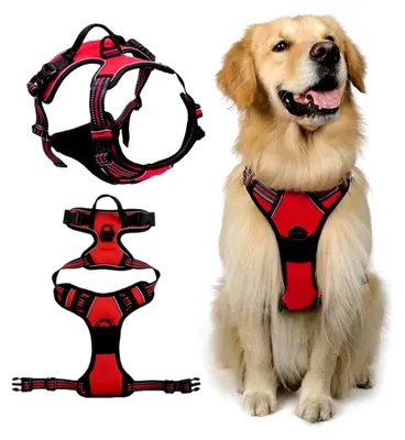 Produktbild von Hundegeschirr für große Hunde, Anti-Zug Geschirr, Geschirr für große Hunde mit Reflexstreifen und Kontrolle, Verstellbar, Brustgeschirr für mittelgroße Hunde, Rot, XL