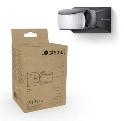 Image de Détecteur de mouvement Steinel, modèle 1 Basic, capteur à 120°, portée de 10 mètres, adapté à une utilisation intérieure et extérieure, indice de protection IP54, montage en surface sur mur et plafond, couleur noire
