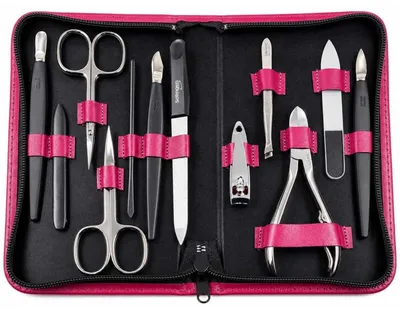 Produktbild von Maniküre Set 12-teilig mit Solingen Instrumenten, Echtleder-Etui Germany, Nagelset für Damen und Herren, Hand- und Fußpflege Magenta