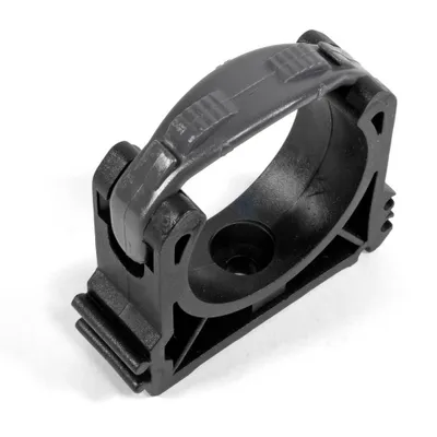 A black plastic pipe clamp with a gray hinged top, shown against a white background.