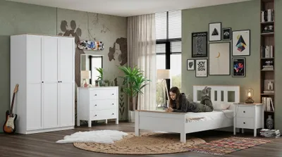 Immagine prodotto di Letto moderno e di design per ragazzi, di colore bianco, insieme a armadio, cassettiera e comodini