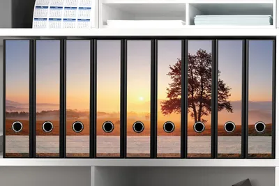 Produktbild von Wallario Ordnerrücken Sticker, selbstklebend für breite Ordner, 9 Stück, Motiv Sonnenaufgang über der Wiese mit Nebel