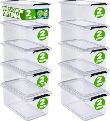 Image de DEUBA® 10x Boîte de rangement 2L plastique transparent empilable sans BPA gain de place caisse de rangement organiseur