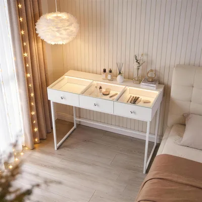 Image de VANITII Coiffeuse de style moderne avec éclairage LED réglable, trois tiroirs et grand espace de rangement. Blanche. Dimensions : 115 x 55 x 81 cm.