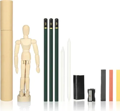 Produktbild von COM-FOUR® 12-teiliges Zeichen-Set - Bleistift-Set für Einsteiger mit Kreide, Kohle, Gliederpuppe - Skizzieren und Malen für Kinder