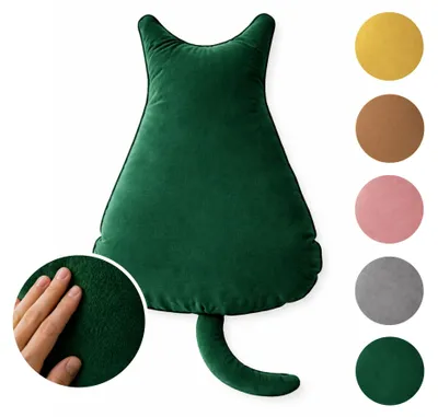 Produktbild von MEBLE ODNOWA, Dekorativer Kissen, Zierkissen, Katzenform, Dekokissen Katze, Grün, 48x38cm, Samt, Velours, Strapazierfähig, Maschinenwaschbar