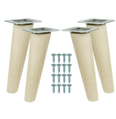 Four wooden furniture legs with metal mounting plates and a set of screws on a white background.