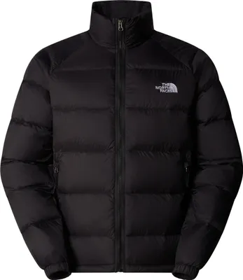 A black puffer jacket with a zipper and a logo on the chest.
