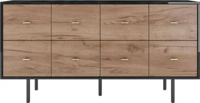 Produktbild von Skandica MAUD Moderne Kommode mit 8 Schubladen / Schwarzer Hochglanz + Eiche Nachbildung matt / Goldene Griffe / 163 cm