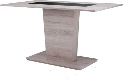 A dining table with a light wood finish and a black insert on the tabletop, shown against a white background.