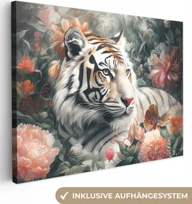 Produktbild von MuchoWow® - Leinwandbilder - Tiger - Wildtiere - Blumen - Dschungel, Wandbild, Wanddeko Bilder Wohnzimmer, 120x90 cm