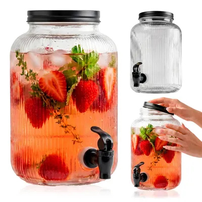 Zdjęcie produktu dla SUPERBUTELKI - Słój szklany z kranikiem 4L ryflowany - Słój na lemoniadę, wodę, sok, drinki - czarny kranik i zakrętka