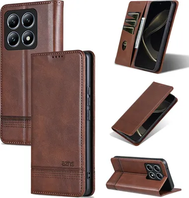 Obrázek produktu pro Kožené pouzdro pro Xiaomi 14T Pro, skládací peněženkové pouzdro s magnetickým uzávěrem a stojánkem Káva