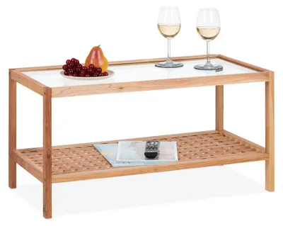 Produktbild von Relaxdays Beistelltisch Walnussholz mit Glasablage Hellbraun-Transparent