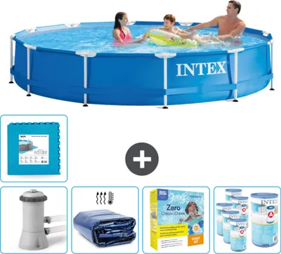 Immagine prodotto di Piscina Intex con struttura rotonda - 366 x 76 cm - blu - pompa inclusa - tenda da sole - pacchetto manutenzione - filtro - pavimento in piastrelle