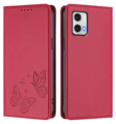 Produktbild von Lederhülle für Motorola Moto G73 5G, Schmetterling Prägung Leder Brieftasche Schutzhülle mit Ständer Rot