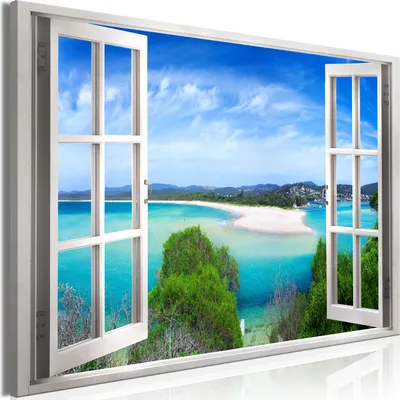 Produktbild von Modernes Wandbild Fensterblick 120x80 - 1 Teile Bilder Fotografie auf Vlies Leinwand Foto Bild Dekoration Wand Bilder Kunstdruck Strand Meer tropische Insel Landschaft Natur c-C-0384-b-a