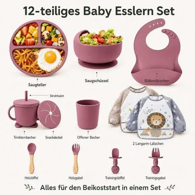Produktbild von Babygeschirr Set aus Silikon 12-teilig - BPA-freies Silikon - mit Saugnapf und Besteck - Kindersafe - ShopFlot