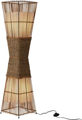 A floor lamp made of bamboo and rattan, standing on a white background.
