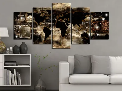 Produktbild von Akustikbild Weltkarte schwarz 200x100 cm 5-teilige Bilder Akustikschaum Hochleistungsschallabsorber Schallschutz Leinwand 5 tlg Wandbild Raumakustik Schalldämmung Landkarte World Map k-A-0008-b-p