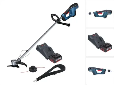 A Bosch GFR 18V-23 Professional Akku Freischneider with accessories, including a battery and charger, displayed on a white background.