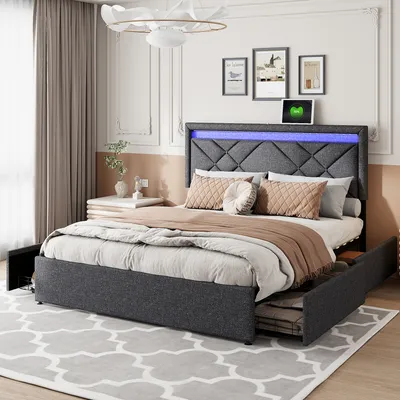 A bedroom scene featuring a bed with LED lighting.