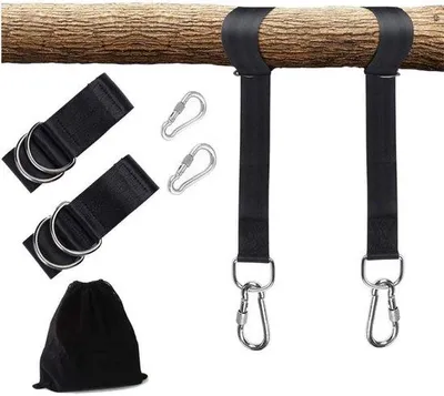 Image de Sangles en nylon pour hamac à bascule - Kit de suspension pour hamac/hamac-nid - 150 cm - jusqu'à 700 kg - Kit de fixation - Crochets inclus - Mousquetons - Noir
