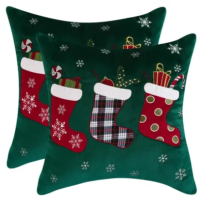 Productafbeelding van Kerstkussenslopen, set van 2, 45x45 cm, met borduurwerk en kerstsokkenmotief