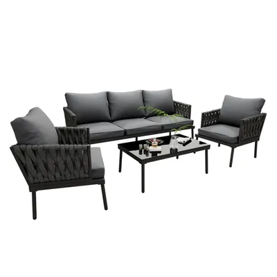 Produktbild von Garten Loungesessel Set, Gartenmöbel Set mit bequemen Kissen,3er Sofa,2 Sessel+Couchtisch,Glastischplatte,geflochtene Seilarmlehnen,verzinkter Stahl
